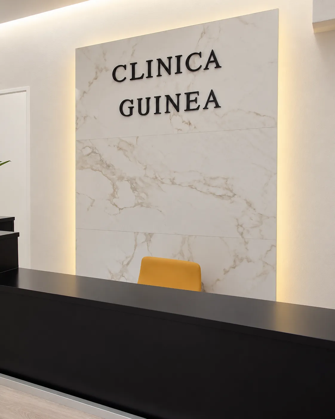 Recepción de Clínica Dental Guinea, con mostrador oscuro y pared de mármol